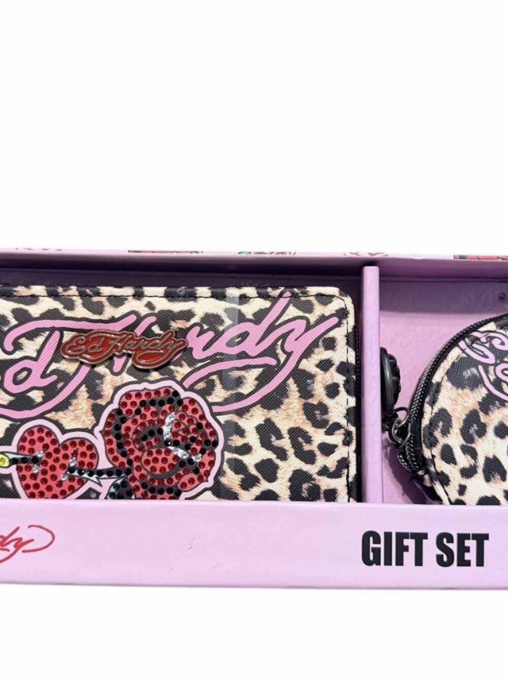 Ed Hardy Gift Set Zip Around Wallet & Key Ring W/Charm Leopard Print NWT